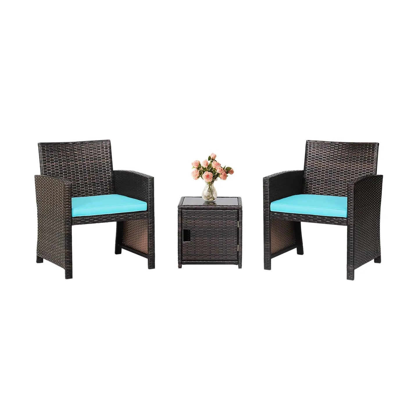 3-Piece Patio Wicker Set with Storage Table, turquoise cushions DirectDeals on Tampa Home & Garden Store