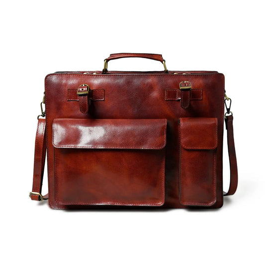 Tuscany Italian Leather Briefcase Tan with brass hardware and front pockets on Tampa Home & Garden Store