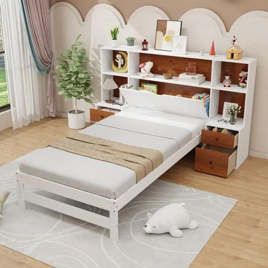 White twin bed frame with walnut bookcase headboard and built-in side drawers on Tampa Home & Garden Store