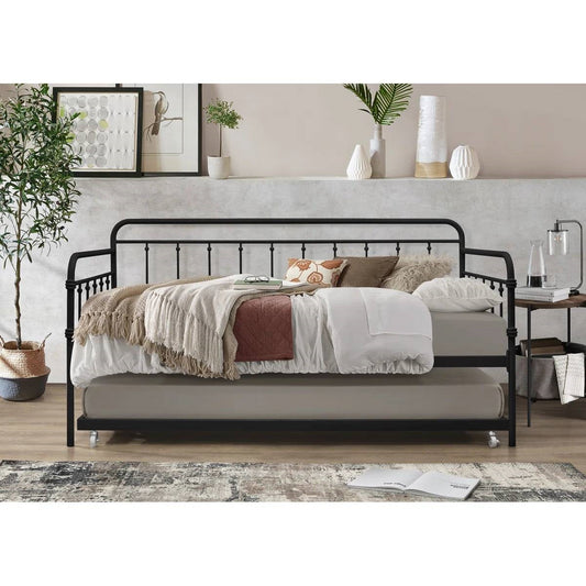 Twin size Black Rounded Iron Daybed with Roll Out Trundle Bed Frame - Tampa Home & Garden Store
