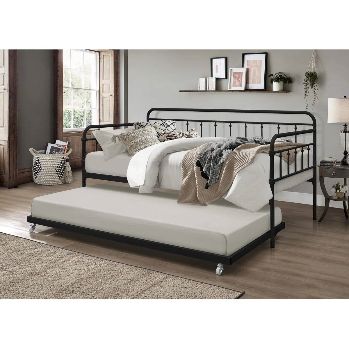 Twin size Black Rounded Iron Daybed with Roll Out Trundle Bed Frame - Tampa Home & Garden Store