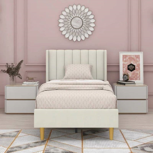 Twin size Mid-Century Platform Bed Frame with Cream Velvet Upholstered Headboard - Tampa Home & Garden Store