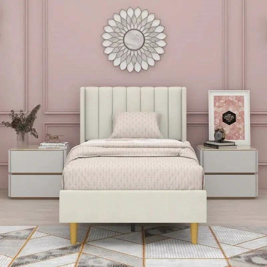 Twin size Mid-Century Platform Bed with cream velvet upholstered headboard and white frame on Tampa Home & Garden Store