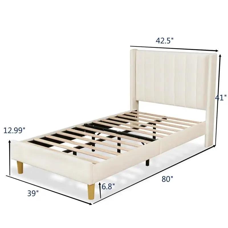 Twin mid-century platform bed frame with cream velvet upholstered headboard slats wood legs on Tampa Home & Garden Store