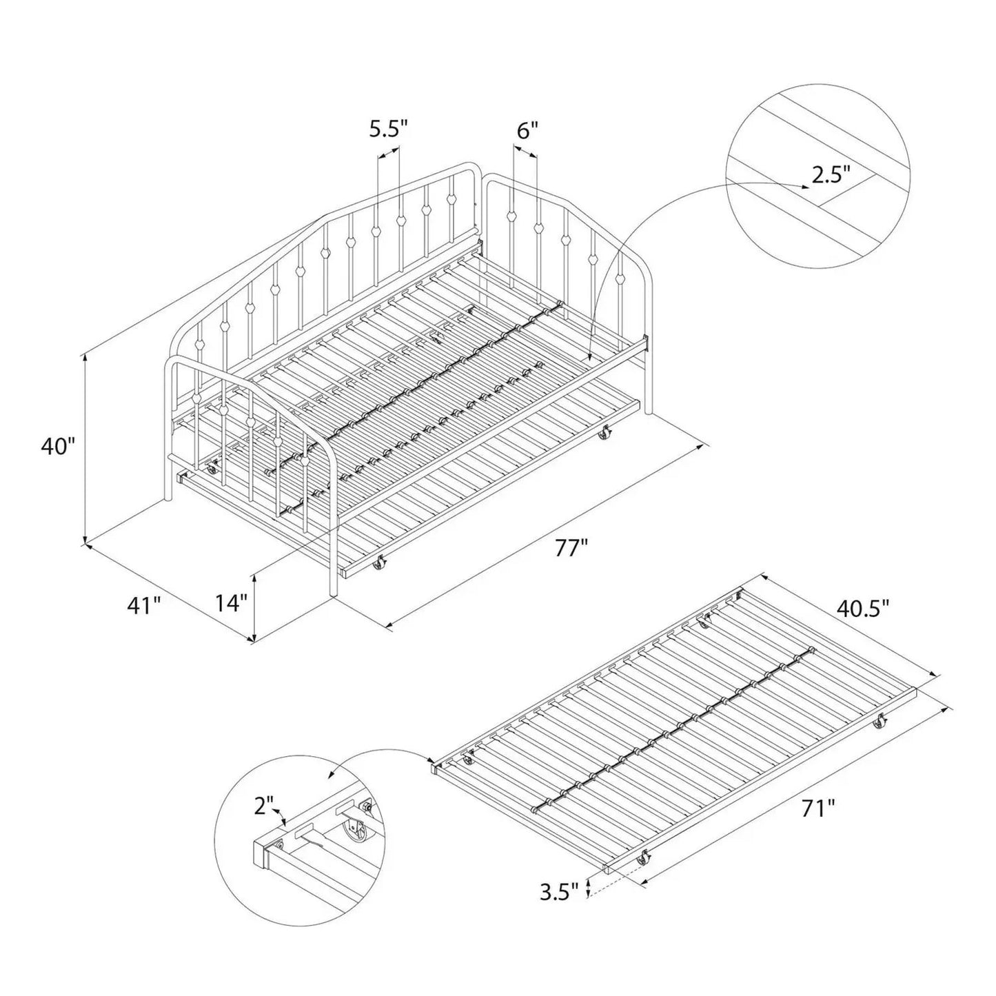 Twin Size Modern Industrial White Daybed with Trundle, metal frame by HomePacific on Tampa Home & Garden Store