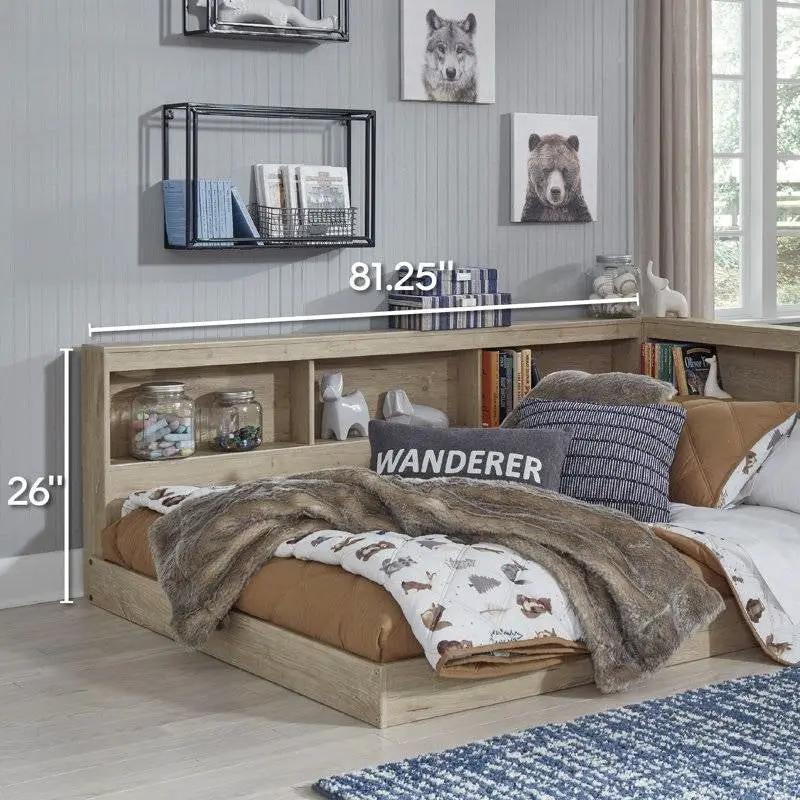 Twin size wood corner bed with built-in bookcase headboard and under-bed storage in light oak on Tampa Home & Garden Store