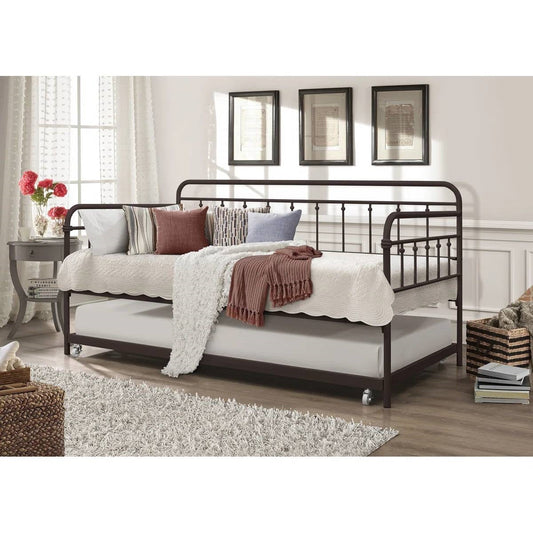 Twin size Rounded Iron Daybed with Roll Out Trundle Bed Frame in Copper Brown - Tampa Home & Garden Store