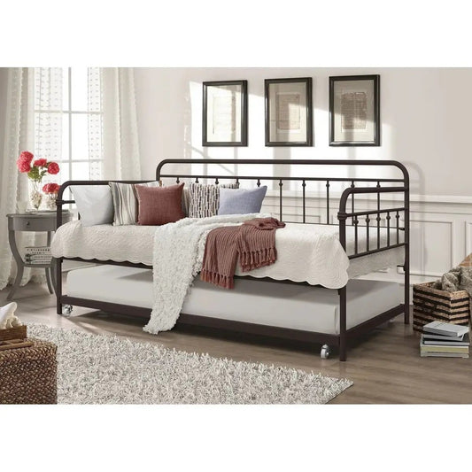 Twin Daybed Rounded Iron with Roll Out Trundle in dark bronze frame with under-bed trundle on Tampa Home & Garden Store
