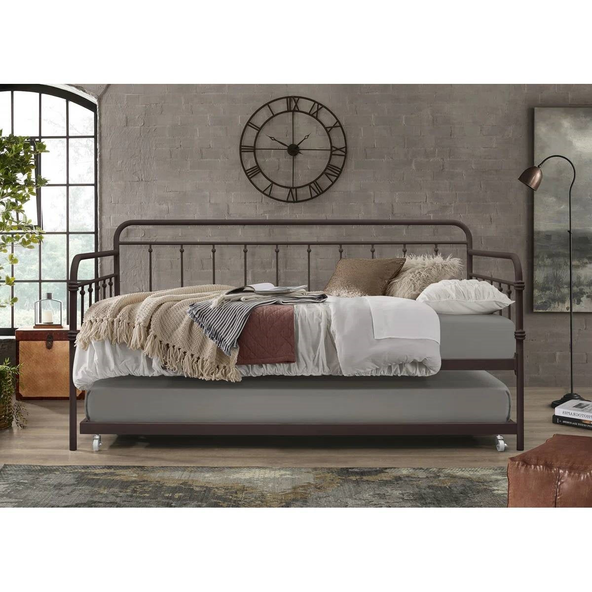 Twin size Rounded Iron Daybed with Roll Out Trundle Bed Frame in Copper Brown - Tampa Home & Garden Store