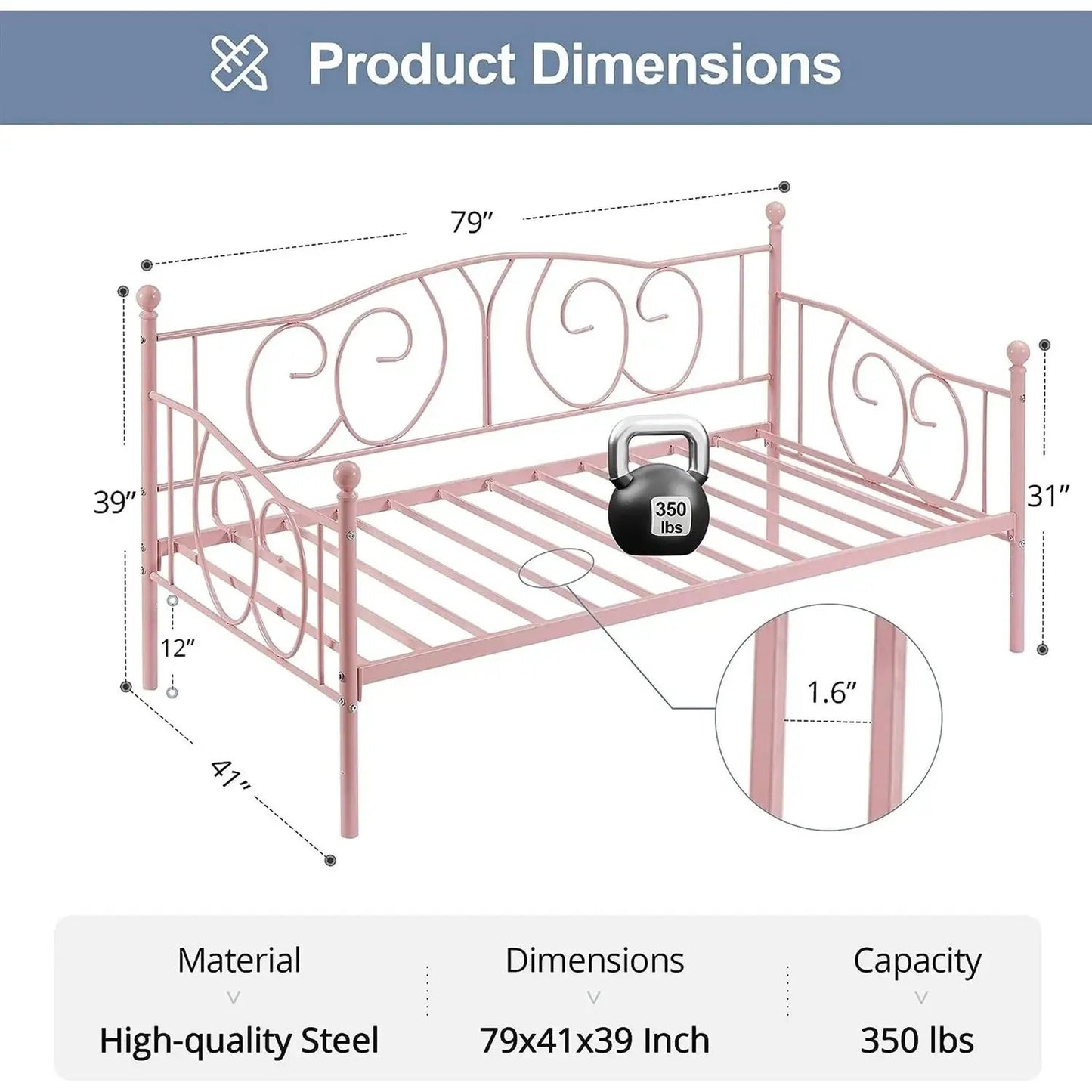 Twin size Victorian pink metal daybed frame by HomePacific, 350 lbs weight capacity on Tampa Home & Garden Store