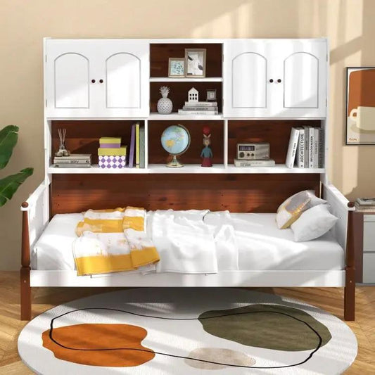 Twin size white walnut daybed with built-in bookcase and storage shelves on Tampa Home & Garden Store