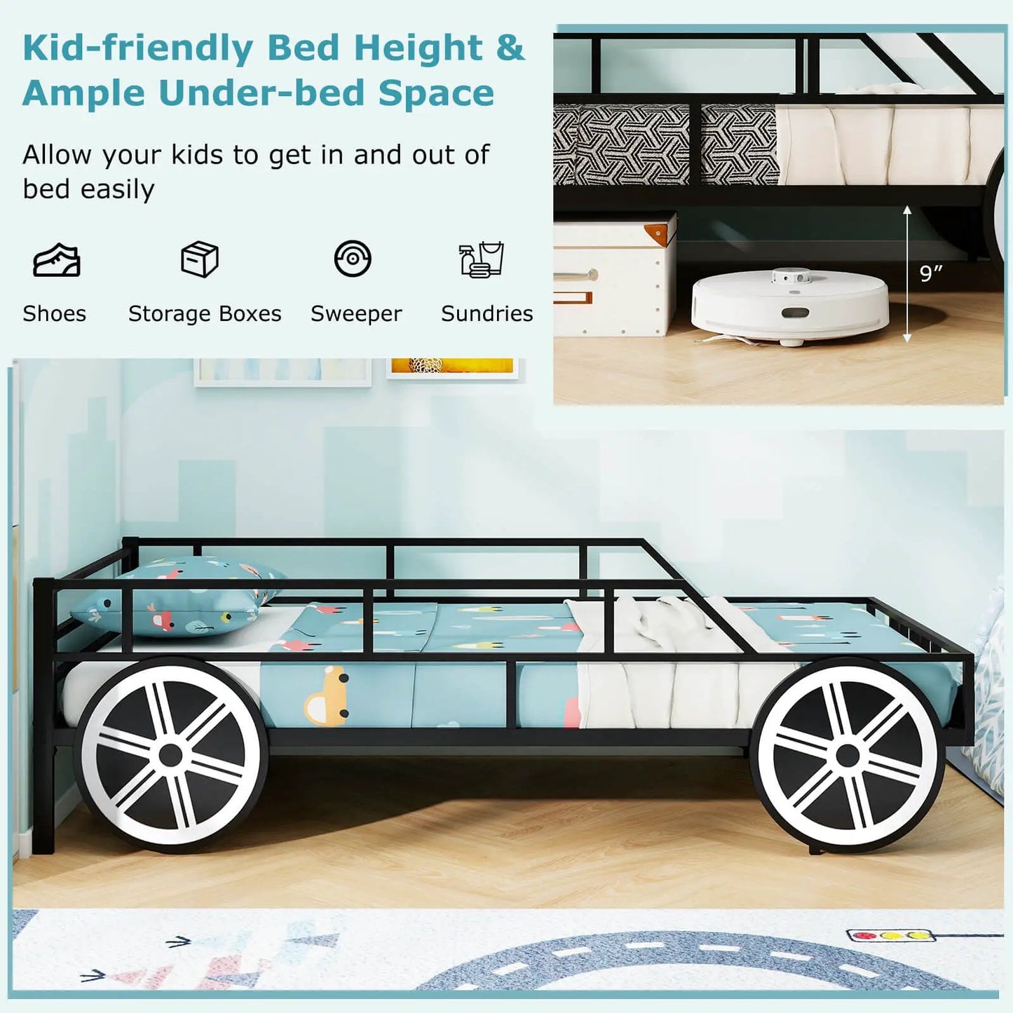 Car-shaped twin bed frame for kids with safety rails in black metal by DirectDeals on Tampa Home & Garden Store
