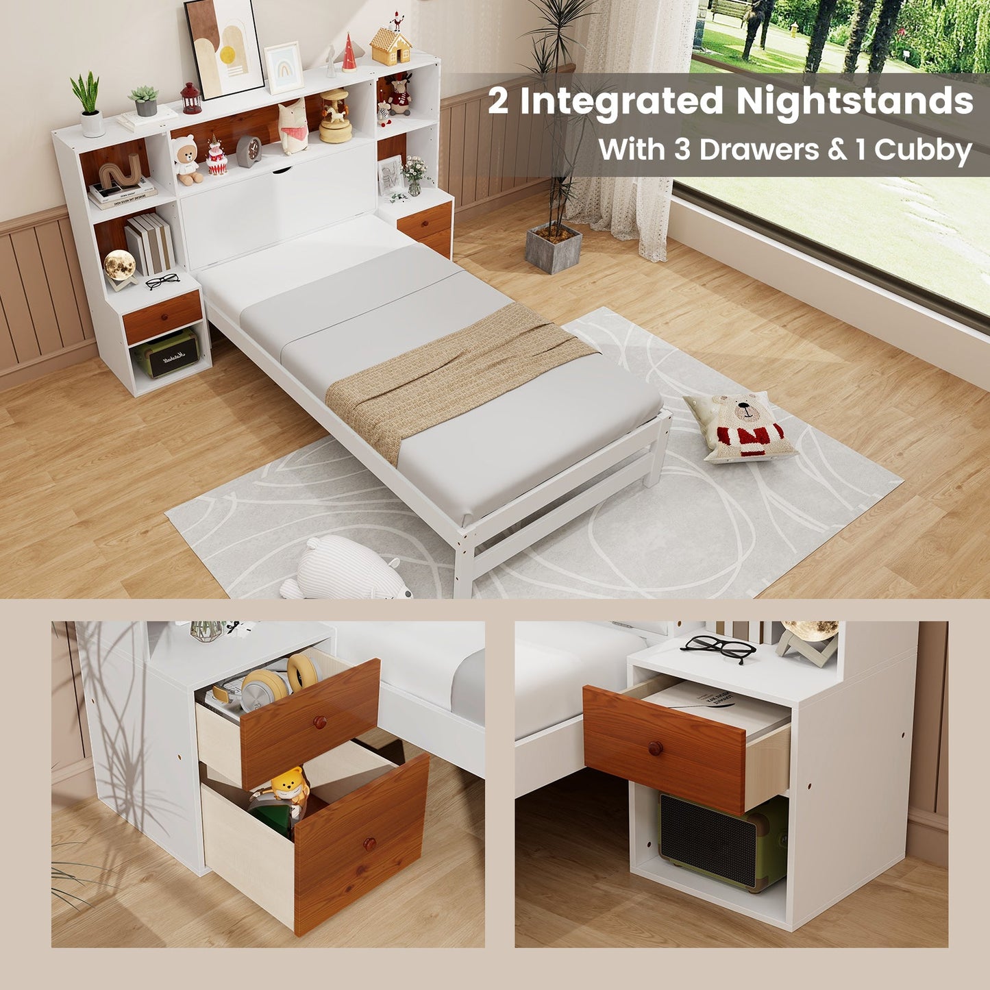 Base de cama con cabecero de almacenamiento y mesitas de noche - Tamaño individual