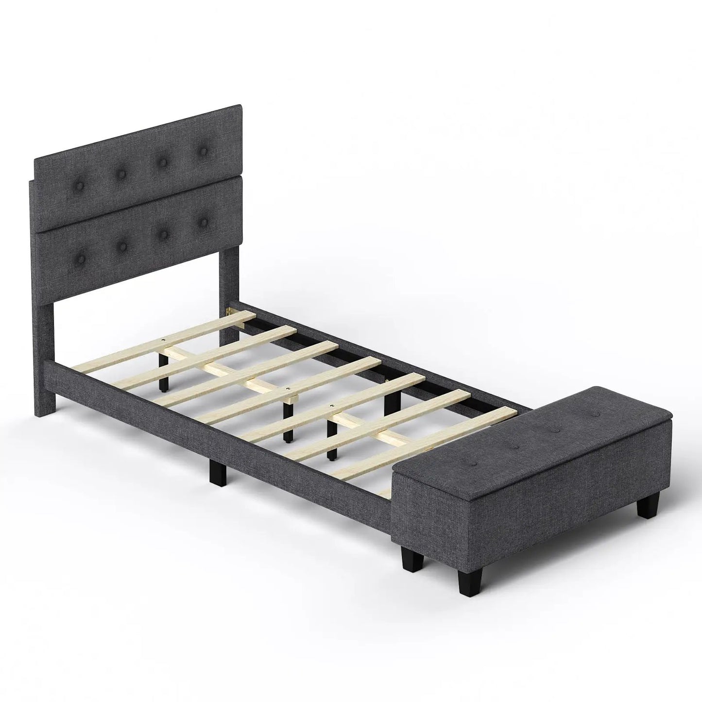 Upholstered bed frame with tufted headboard and storage ottoman in gray fabric on Tampa Home & Garden Store