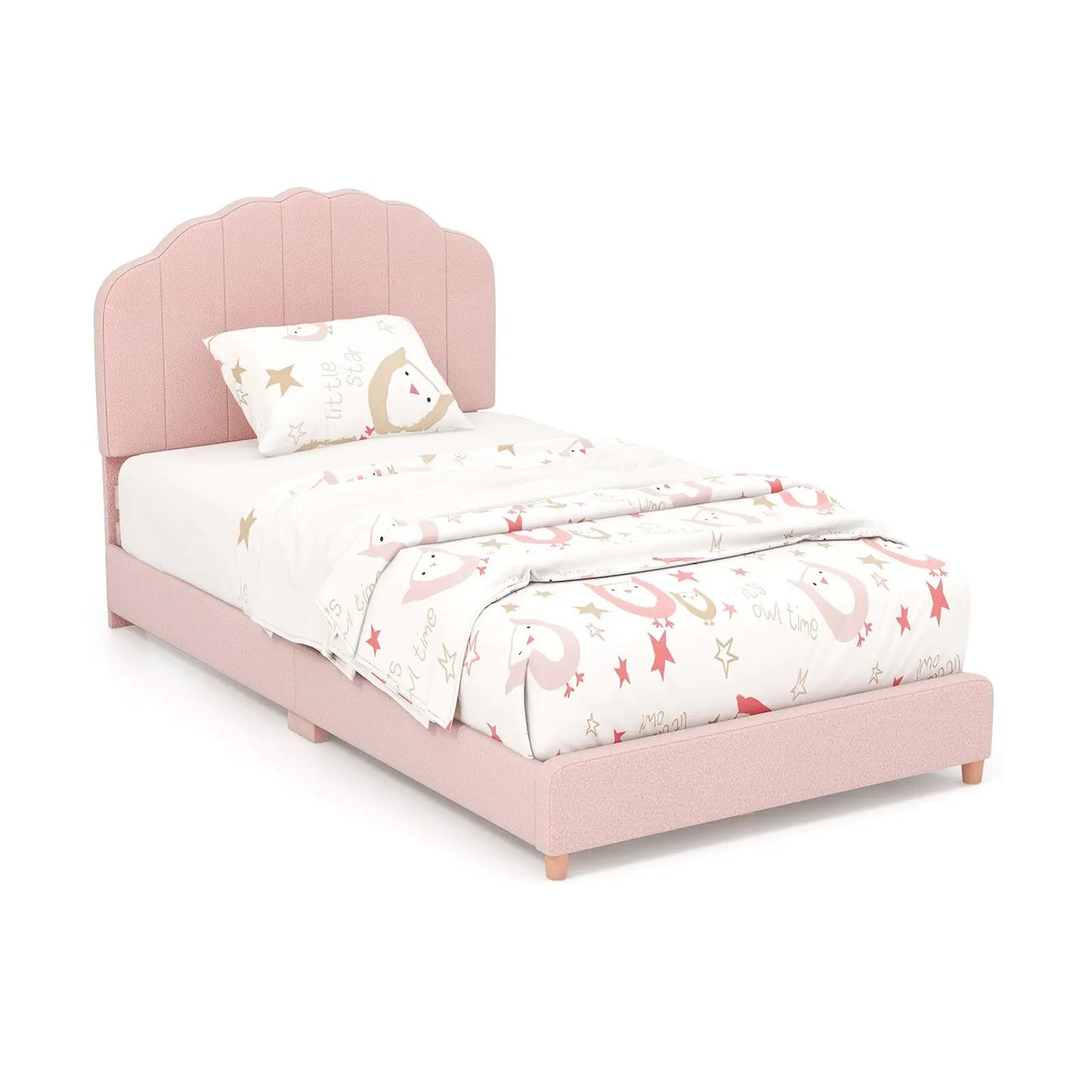 Twin Bed Frame with Height-Adjustable Headboard in pink fabric with wooden slats DirectDeals on Tampa Home & Garden Store