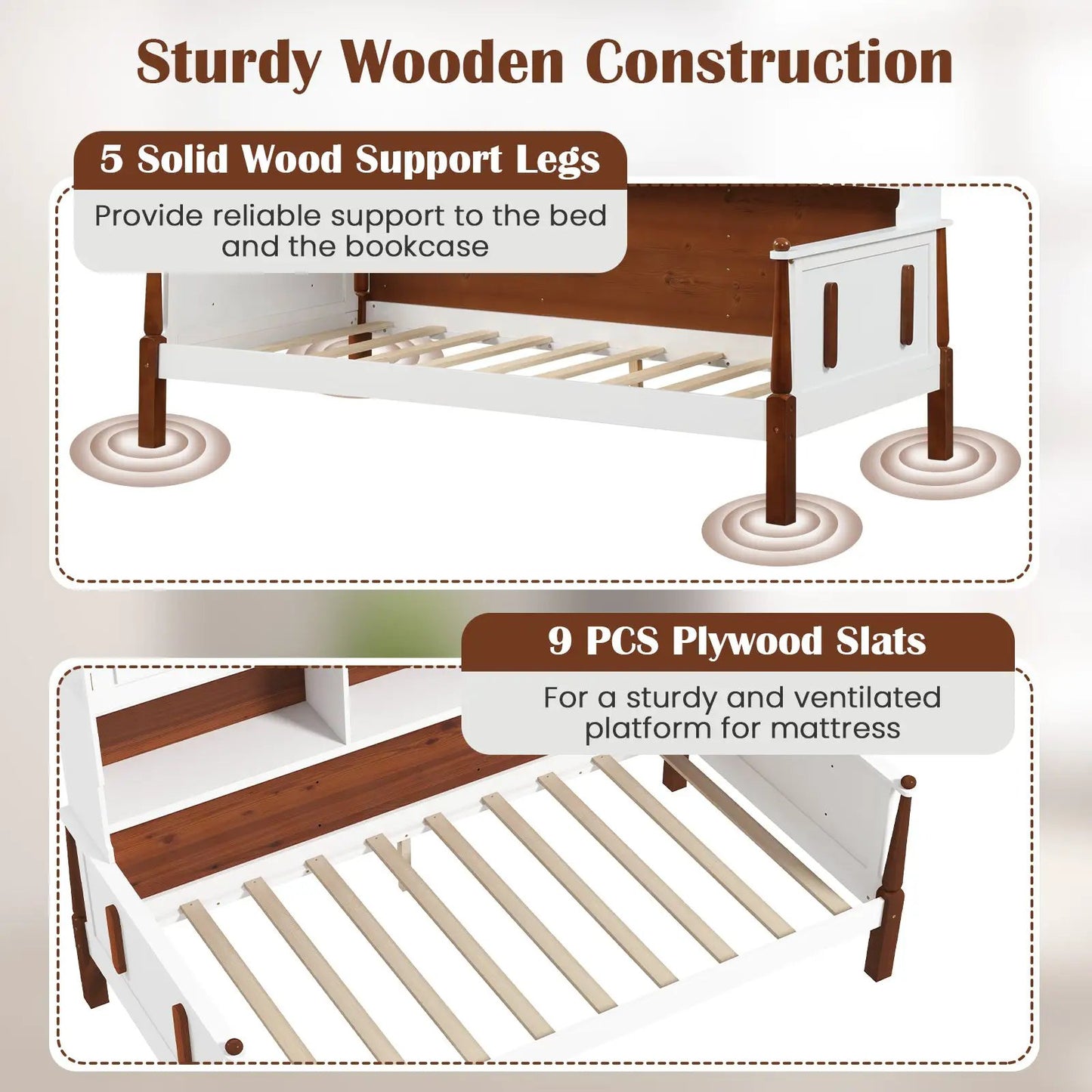 Twin Bed with Bookcase with Shelves and Wooden Slat Support No Box Spring Needed for Living Room Bedroom-White - Tampa Home & Garden Store