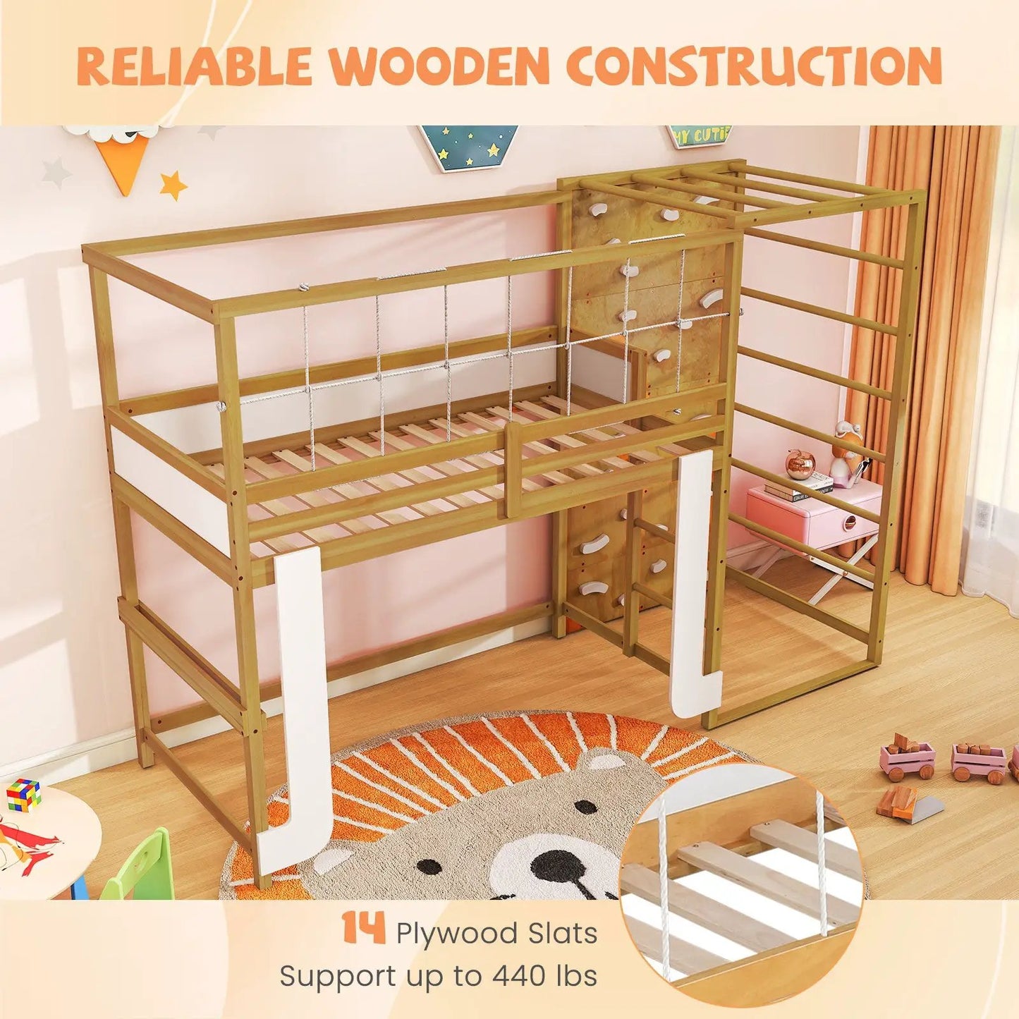 Twin Bunk Bed with Jungle Gym Loft and Ladder in natural wood with rope ladder DirectDeals on Tampa Home & Garden Store