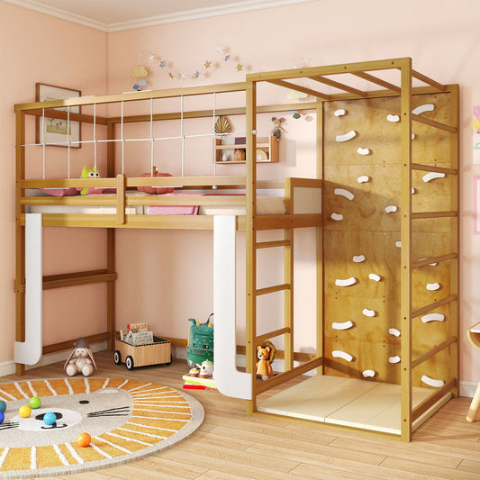 Twin Bunk Bed with Jungle Gym Wooden Loft Bed with Climbing Ladder-Natural - Tampa Home & Garden Store