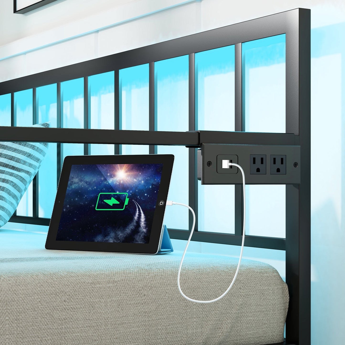 Cama nido doble con estación de carga y luces LED-Negro