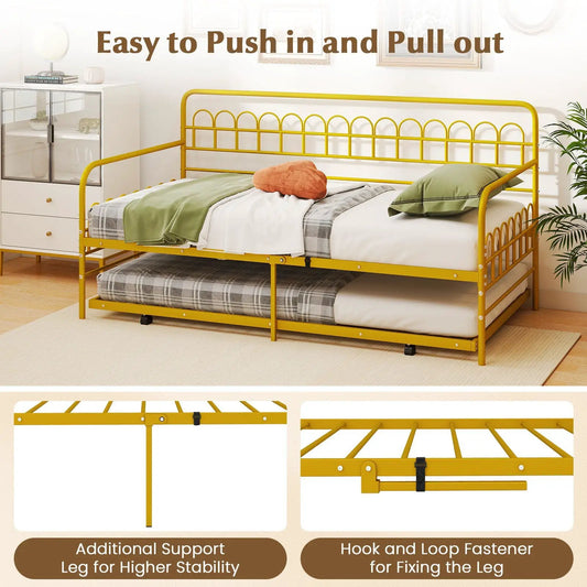 Twin Daybed with curved backrest and armrests in yellow metal frame with underbed trundle on Tampa Home & Garden Store