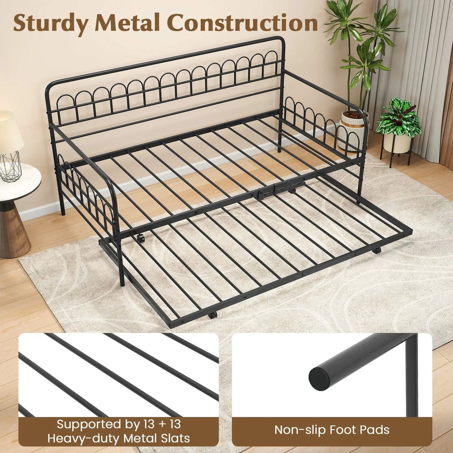 Twin Daybed with Curved Backrest and Armrests, black metal frame, slatted base, casters on Tampa Home & Garden Store