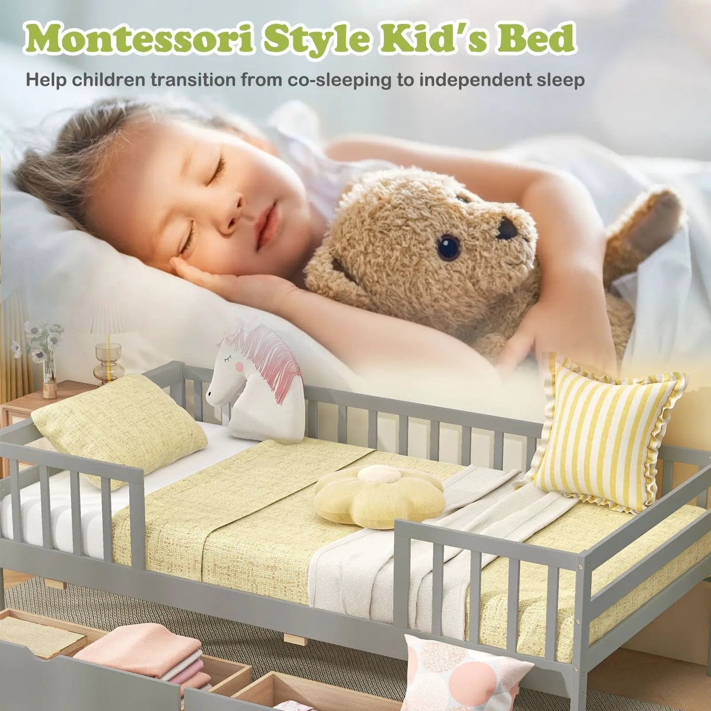 Twin Daybed with Fence and 2 Drawers Kids Bed for Boys & Girls-Gray - Tampa Home & Garden Store