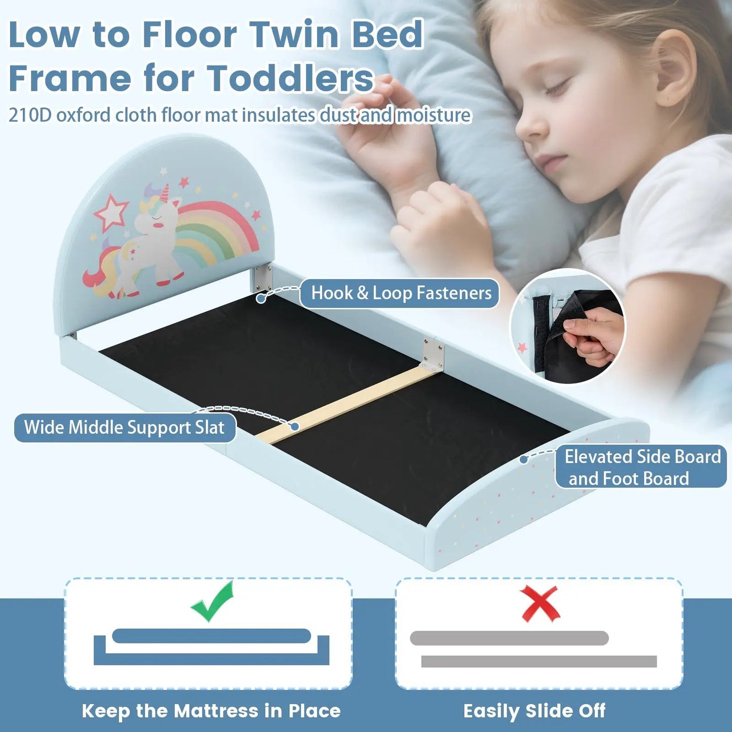 Twin Floor Bed Frame with Upholstered Oxford Mat in light blue with unicorn design for toddlers on Tampa Home & Garden Store