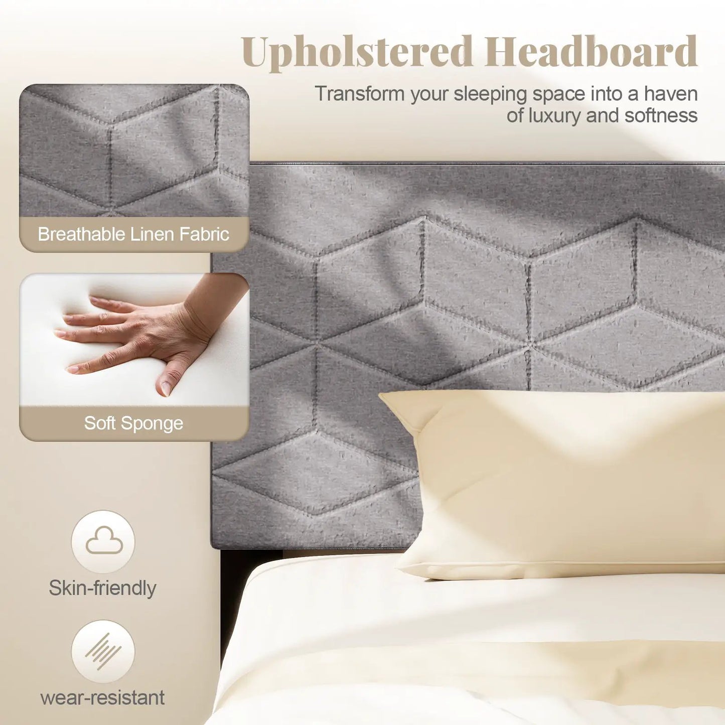 Modern Platform Bed Frame with Linen Headboard in grey quilted fabric DirectDeals on Tampa Home & Garden Store