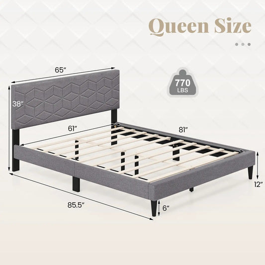 Queen size modern platform bed frame with gray linen upholstered headboard DirectDeals on Tampa Home & Garden Store