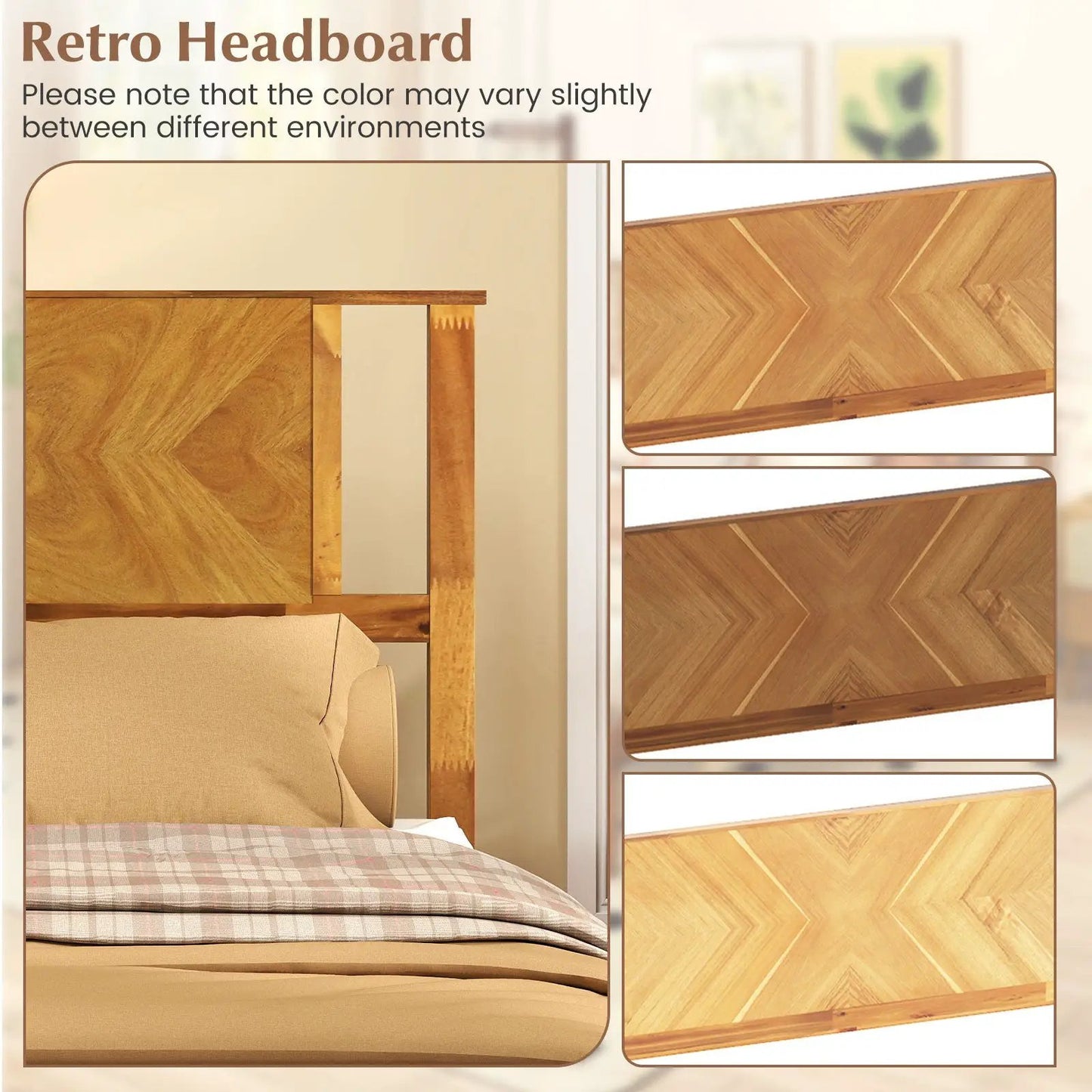 Mid Century Acacia Wood Platform Bed Frame with headboard in warm honey finish on Tampa Home & Garden Store