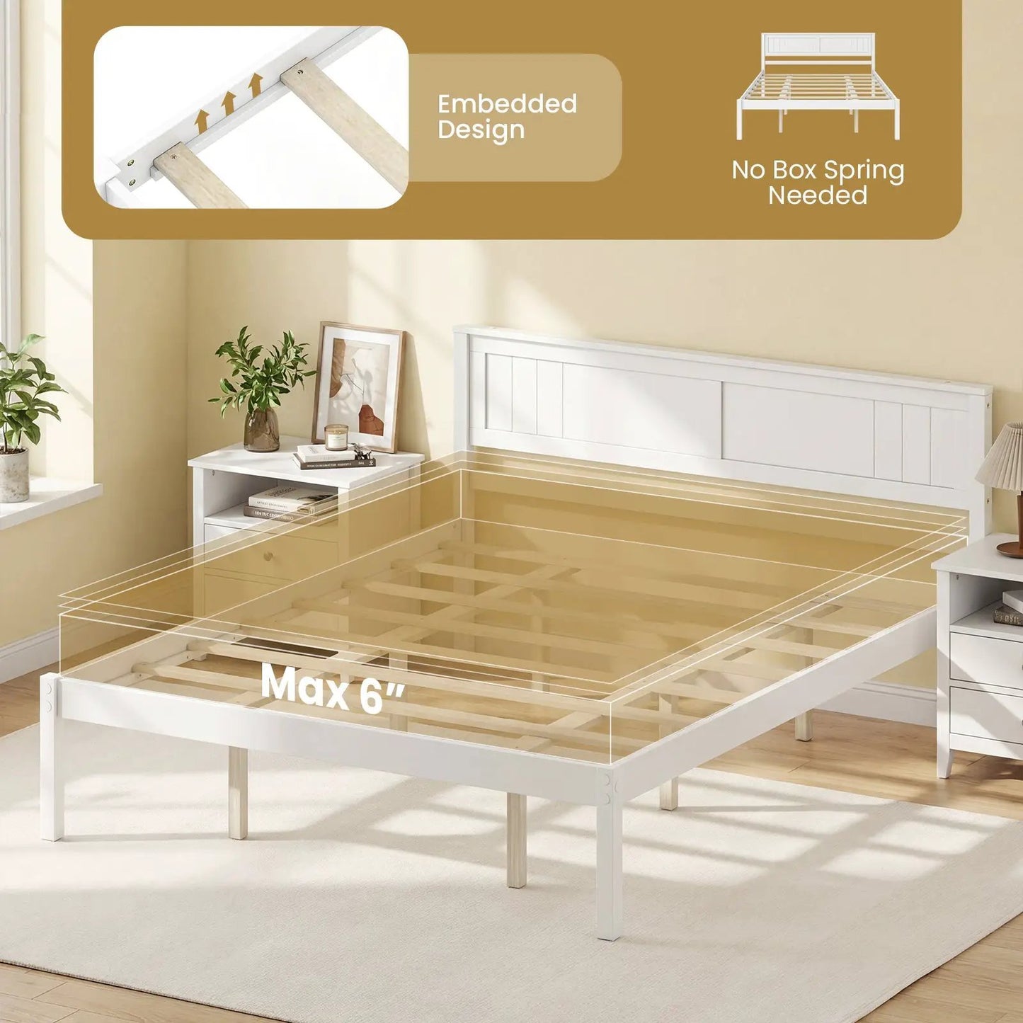 DirectDeals Twin Full Queen wooden bed frame with white headboard and slat support on Tampa Home & Garden Store