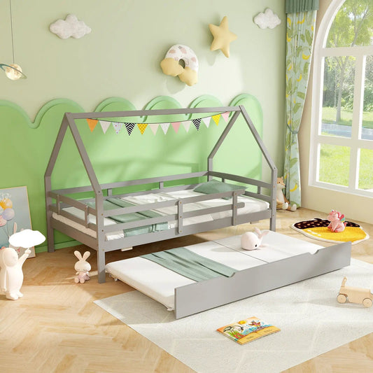 Twin House Bed With Trundle and Fence Rails gray wood bed in a green kids room DirectDeals on Tampa Home & Garden Store