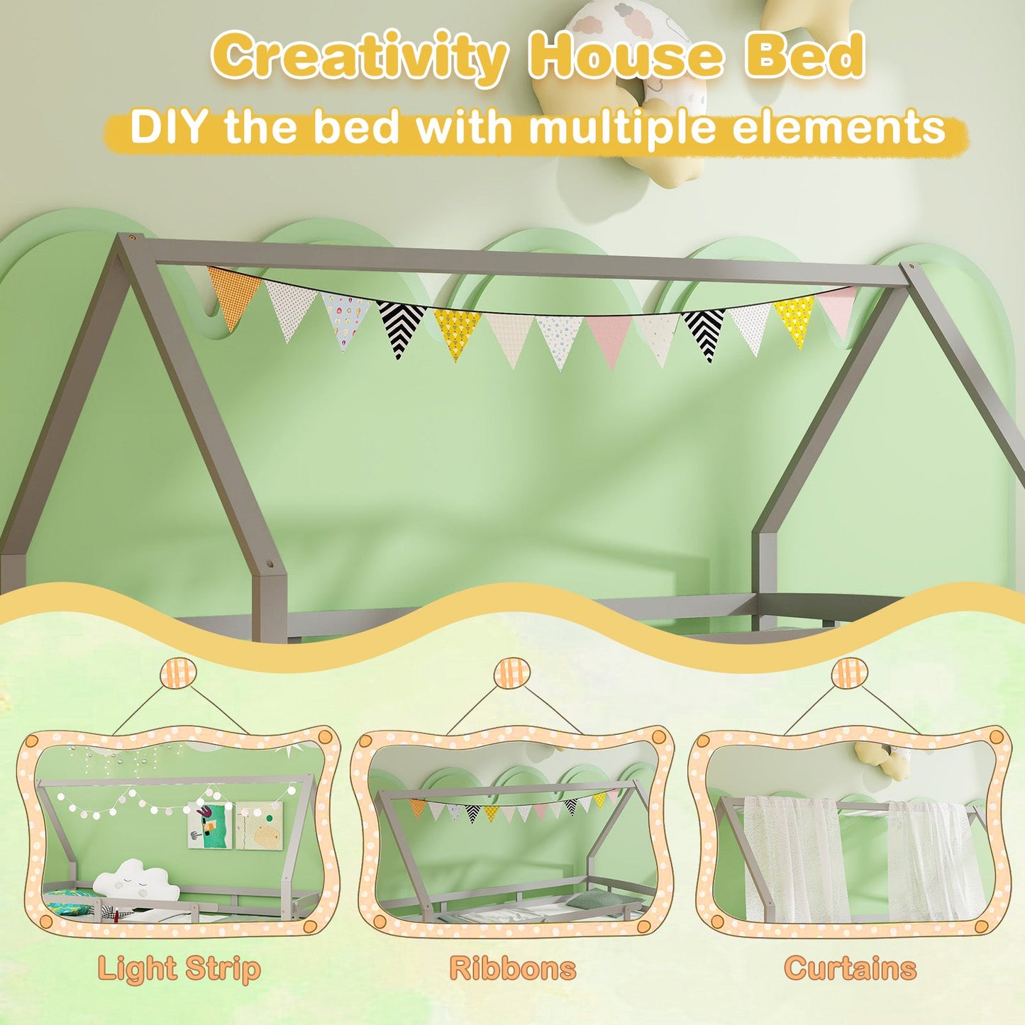 Cama doble Twin House con nido y barandilla-Gris