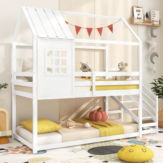 Twin House Bed with Stairs and Roof in white DirectDeals bunk toddler bed for kids on Tampa Home & Garden Store