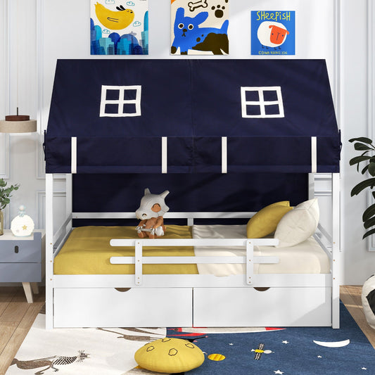 Twin House Bed with Tent and 2 Storage Drawers for Kids-White - Tampa Home & Garden Store