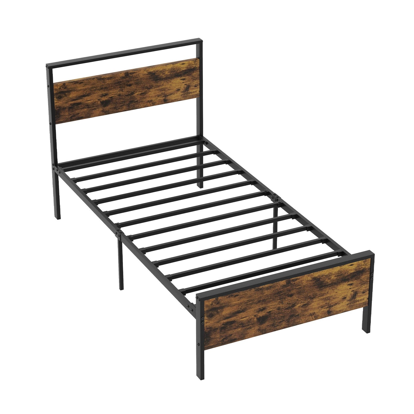 Estructura de cama matrimonial de metal con cabecera de madera estilo industrial - Tamaño completo