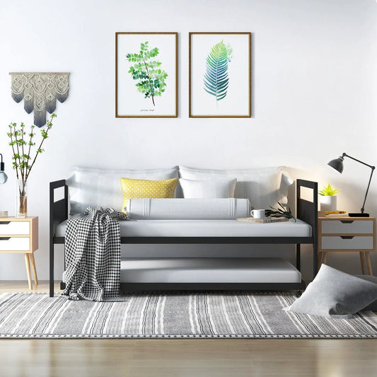 Twin Metal Daybed with Trundle and Lockable Wheels, black metal frame in a modern bedroom on Tampa Home & Garden Store