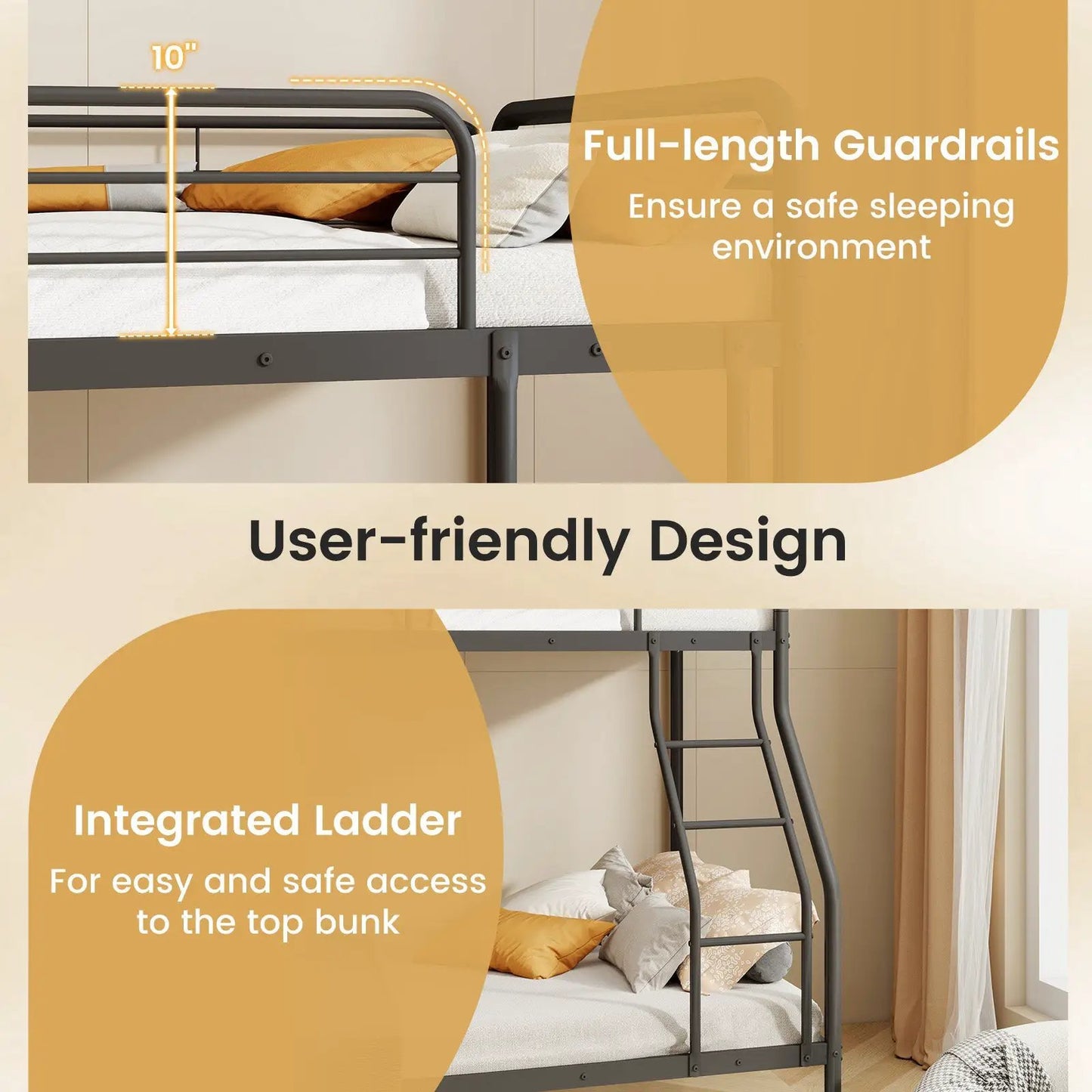 Twin over full bunk bed in dark gray metal with integrated ladder and guardrails on Tampa Home & Garden Store