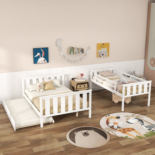 3-in-1 Twin Over Full Bunk Bed with Trundle and Ladder-White - Tampa Home & Garden Store