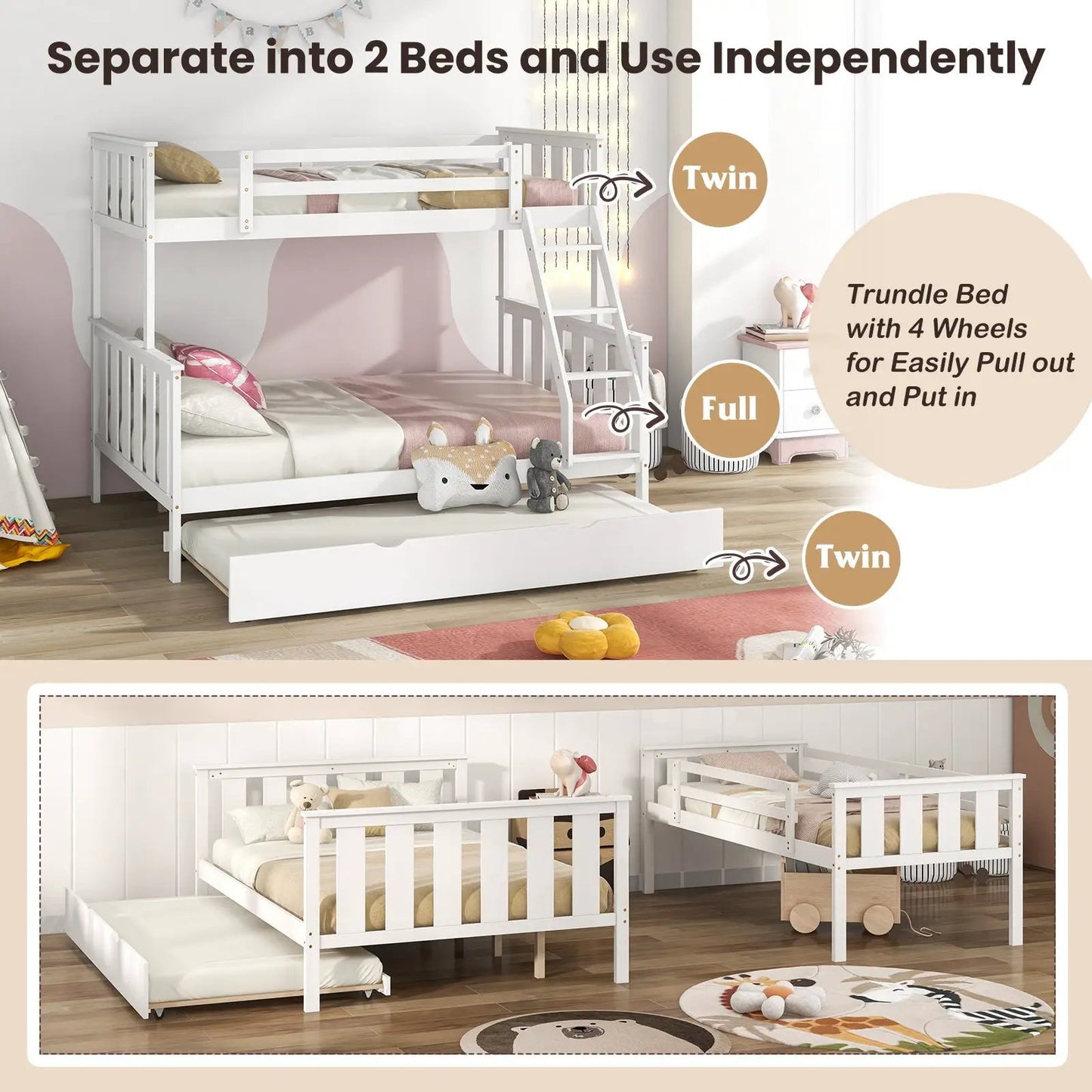 Twin over full bunk bed with ladder and trundle in white finish on Tampa Home & Garden Store