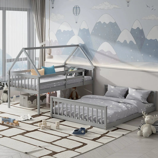Twin over full bunk bed in gray metal with guardrails and ladder in a mountain kids room on Tampa Home & Garden Store
