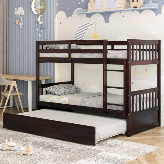 Twin Over Twin Bunk Bed with Pull-out Trundle and Ladder-Espresso - Tampa Home & Garden Store