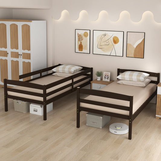 Solid Wood Twin Over Twin Bunk Bed Frame with High Guardrails and Integrated Ladder-Espresso - Tampa Home & Garden Store