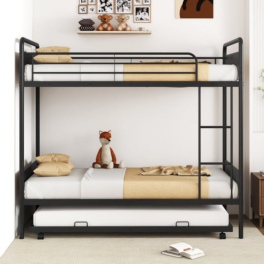 Twin Over Twin Bunk Bed with Trundle with Ladder and Full-length Guardrails-Black - Tampa Home & Garden Store