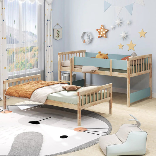 Twin over twin bunk bed with ladder and guardrails, natural wood frame with blue side panels on Tampa Home & Garden Store