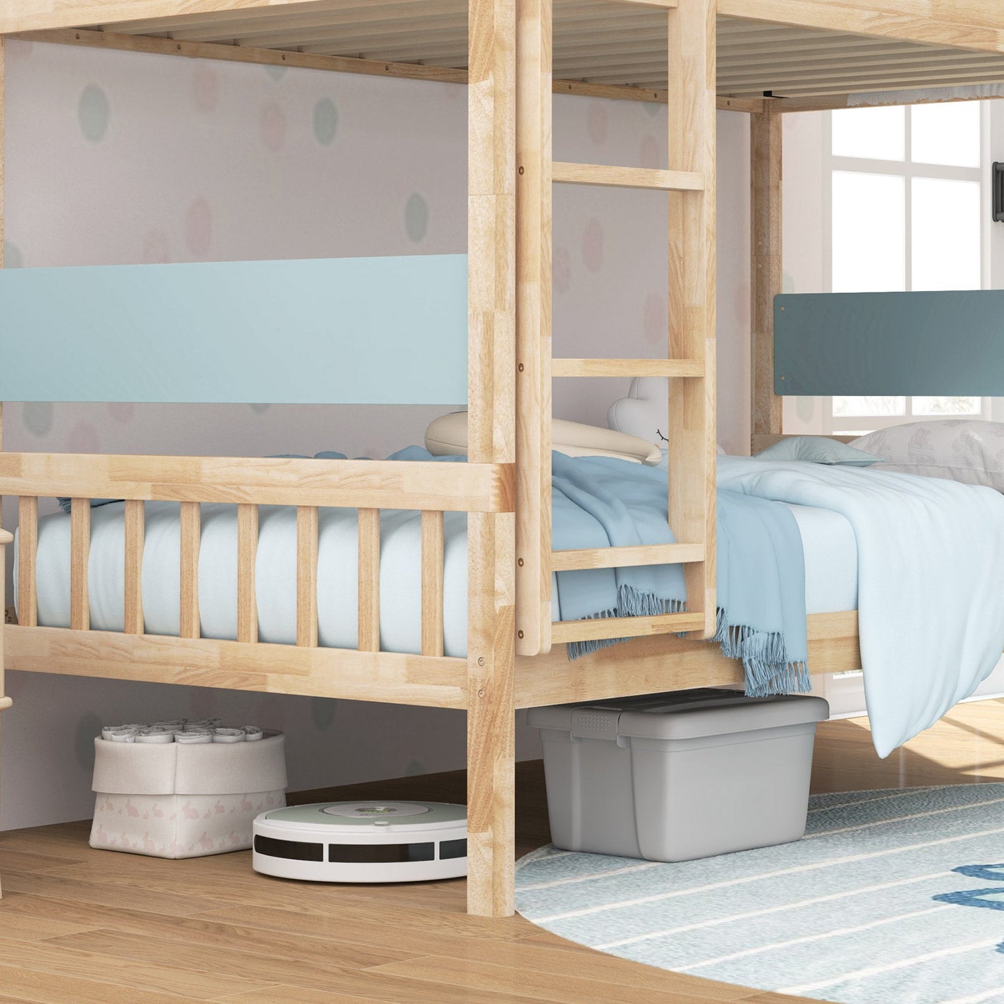 Twin over twin wooden bunk bed with ladder and blue guardrails, natural finish on Tampa Home & Garden Store