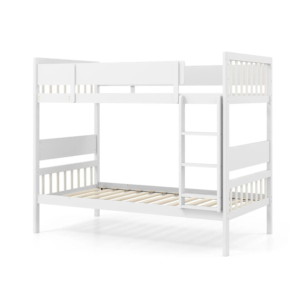 Twin Over Twin Bunk Bed with ladder and full-length guardrails, white finish, DirectDeals on Tampa Home & Garden Store