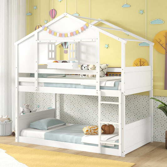 Twin Over Twin Bunk Bed for Kids with Roof and Lockable Window-White - Tampa Home & Garden Store