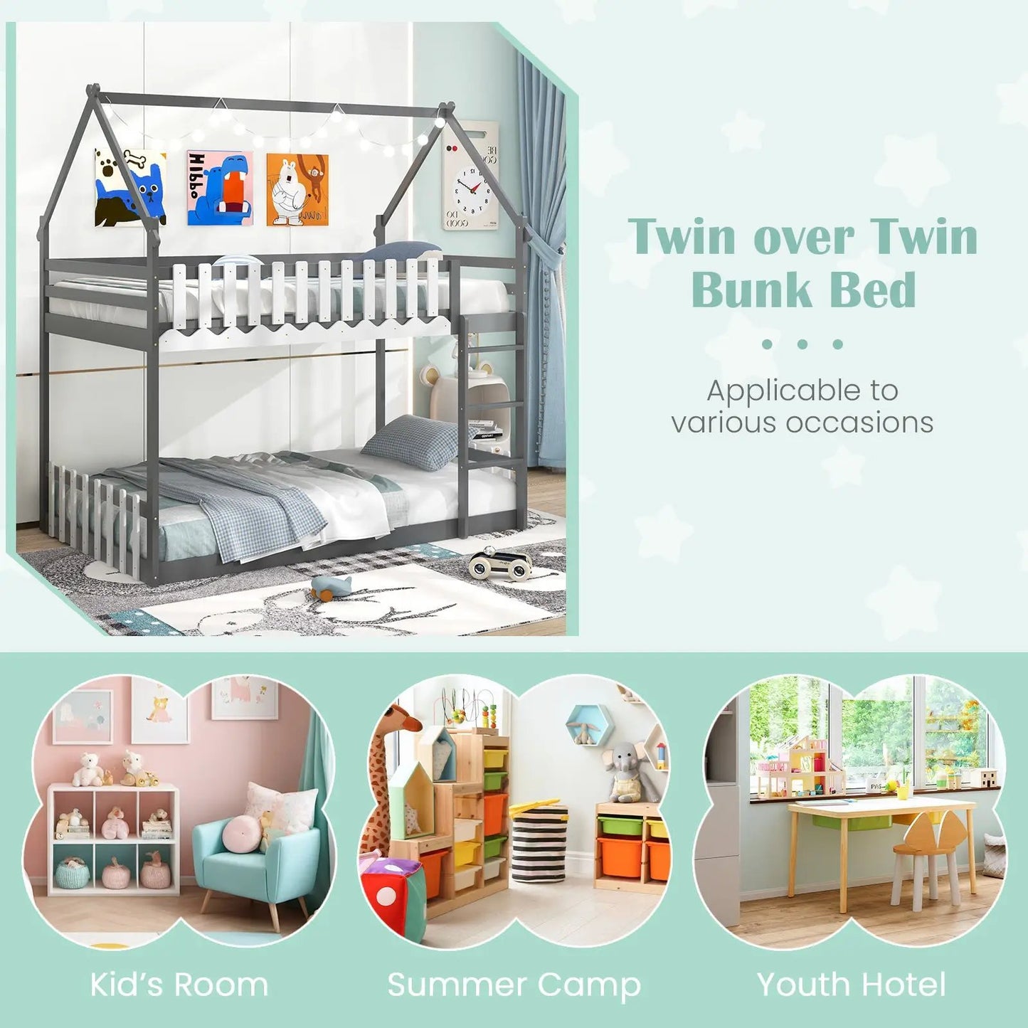 Twin over twin bunk bed in gray metal frame with safety fence and ladder on Tampa Home & Garden Store