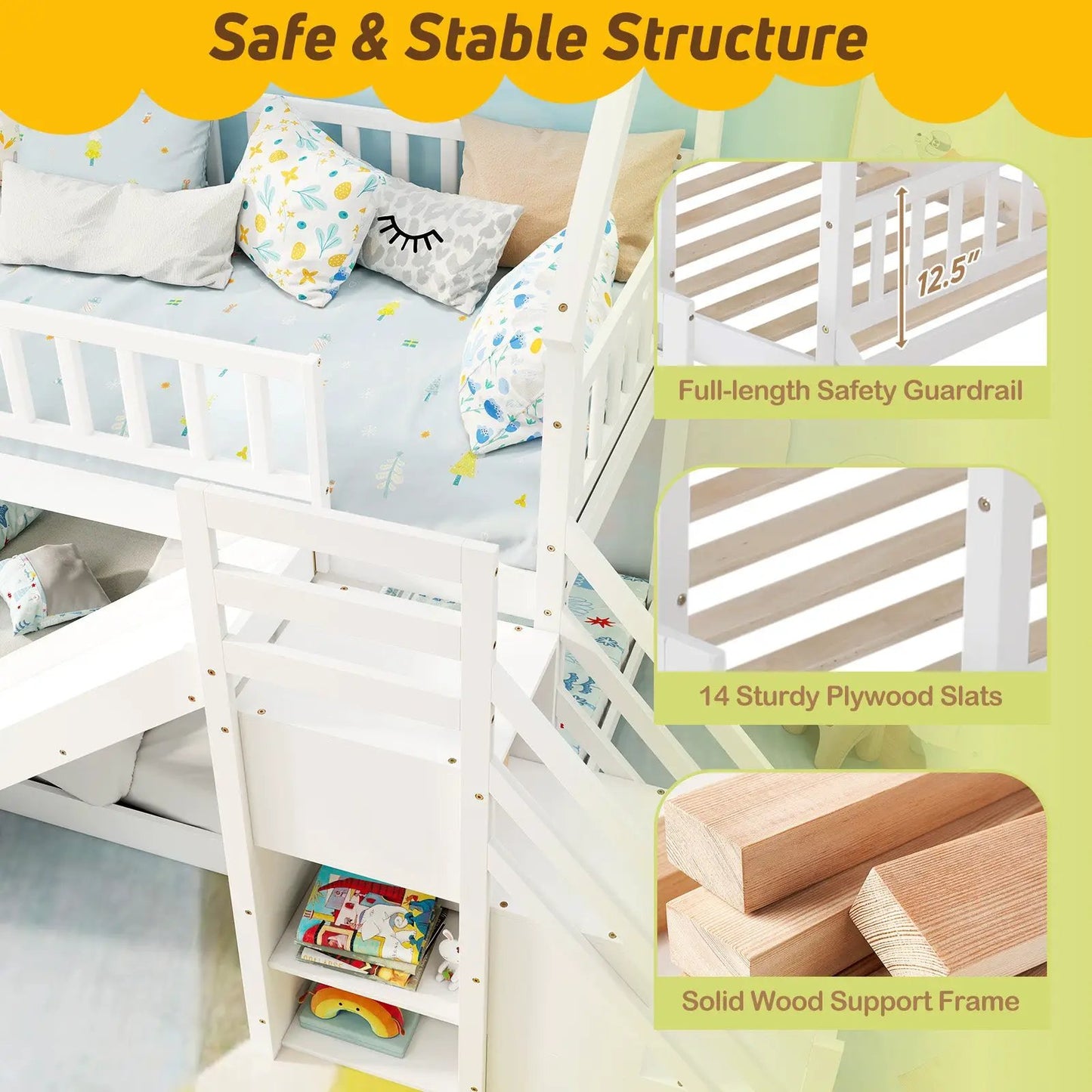 Twin Over Twin Bunk Bed with Slide and Staircase-White - Tampa Home & Garden Store